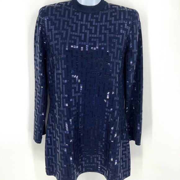 St. John Evening Geometric Greek Key Pattern Navy Sequin Long Sleeved Dress 8 - Picture 9 of 9